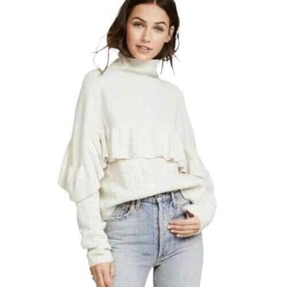 Project Naadam Womens Medium Sweater Ruffle Mock Neck Cream Cable Knit - Picture 1 of 12